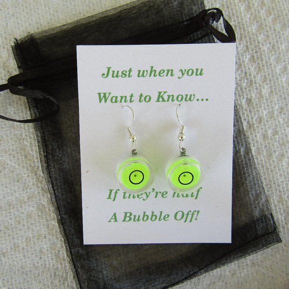 Cool Recycled Funny Joke Round Spirit Bubble Level Earrings on Gift Card - Picture 1 of 3